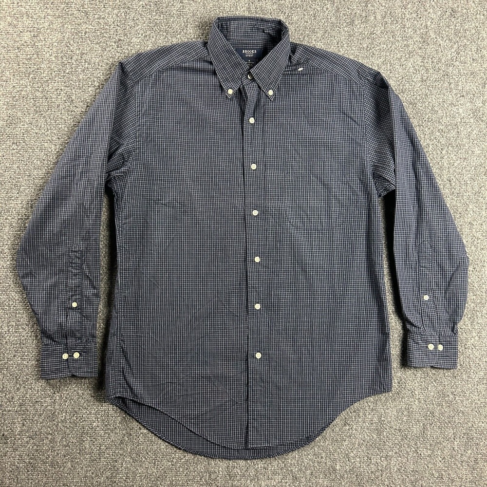 Brooks Sport Shirt Mens Small Blue Grid Check‎ Button Down 100% Cotton Adults